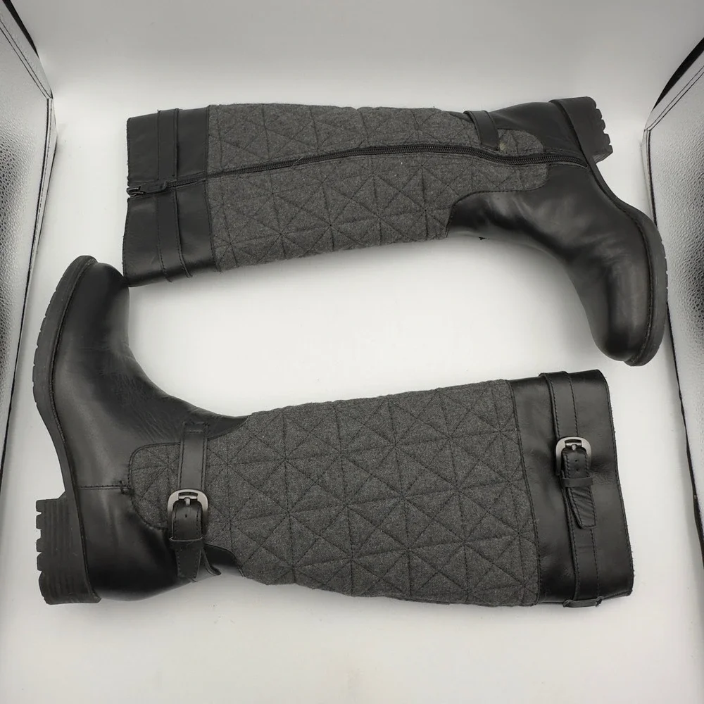 Franco Sarto Penelope Black Leather Grey Quilted Wool Tall Riding Boots 7.5M